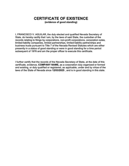 USA Nevada certificate of existence Word and PDF template